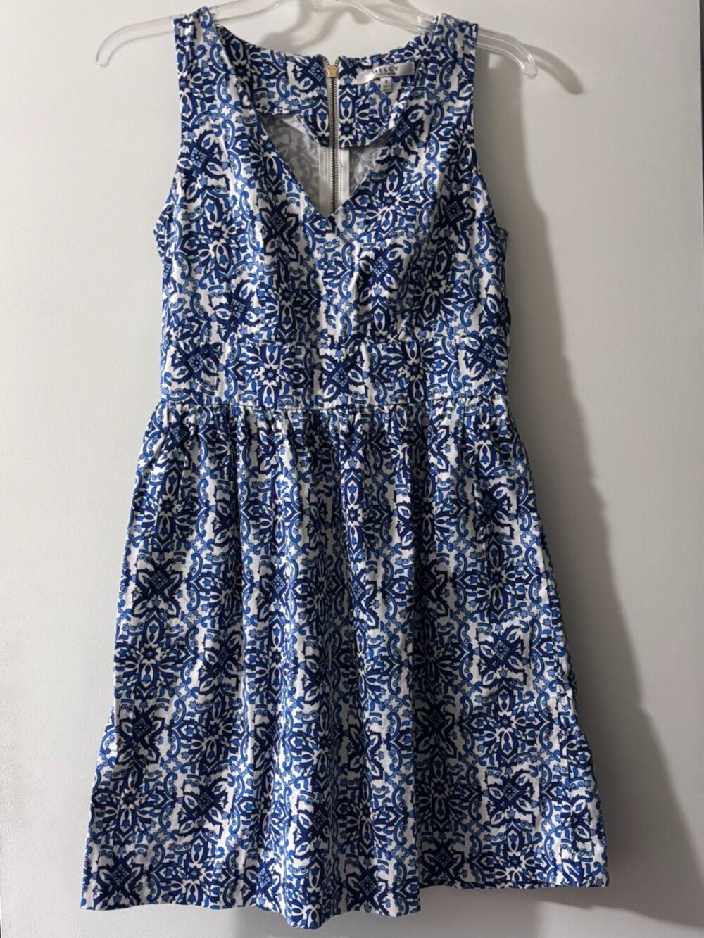 Milly for Design Nation Banvin Blue White Floral V-Neck Fit & Flare Dress 8